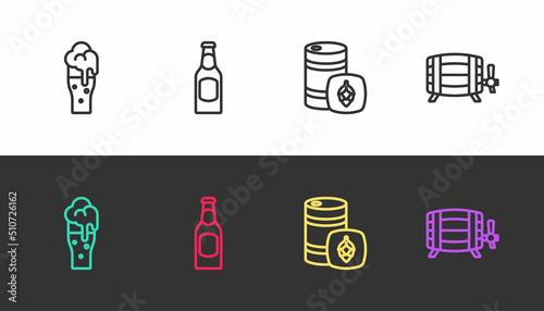 Set line Glass of beer, Beer bottle, Metal keg and Wooden barrel on black and white. Vector