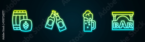 Set line Wooden barrel, Beer bottle, beer mug and Street signboard with Bar. Glowing neon icon. Vector