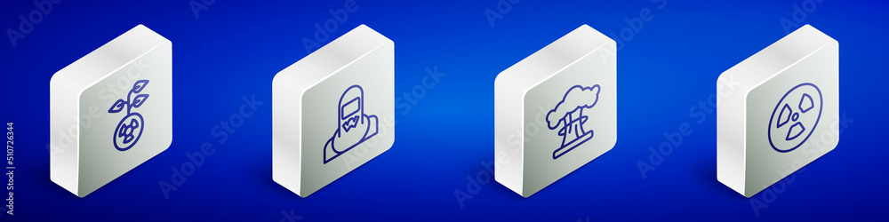 Set Isometric line Radioactive, Nuclear reactor worker, explosion and icon. Vector Set Isometric line Radioactive, Nuclear reactor worker, explosion and icon. Vector