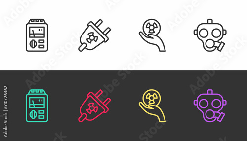Set line Dosimeter, Radiation electrical plug, Radioactive and Gas mask on black and white. Vector