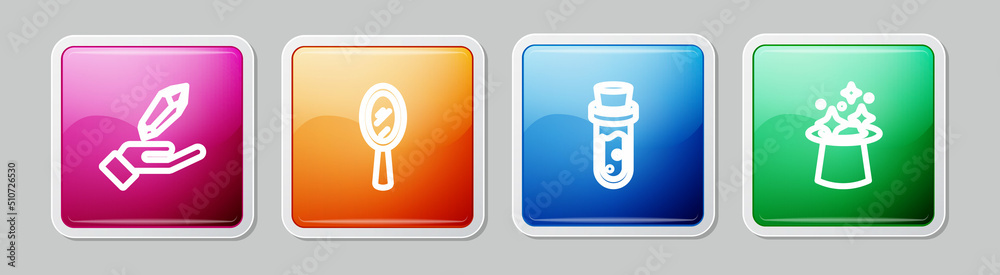 Set line Magic stone, hand mirror, Bottle with potion and hat. Colorful square button. Vector Set line Magic stone, hand mirror, Bottle with potion and hat. Colorful square button. Vector