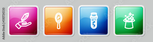 Set line Magic stone, hand mirror, Bottle with potion and hat. Colorful square button. Vector