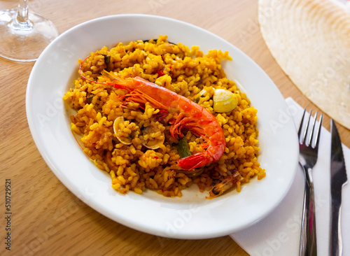 Paella with seafood - traditional Spanish dish. High quality photo