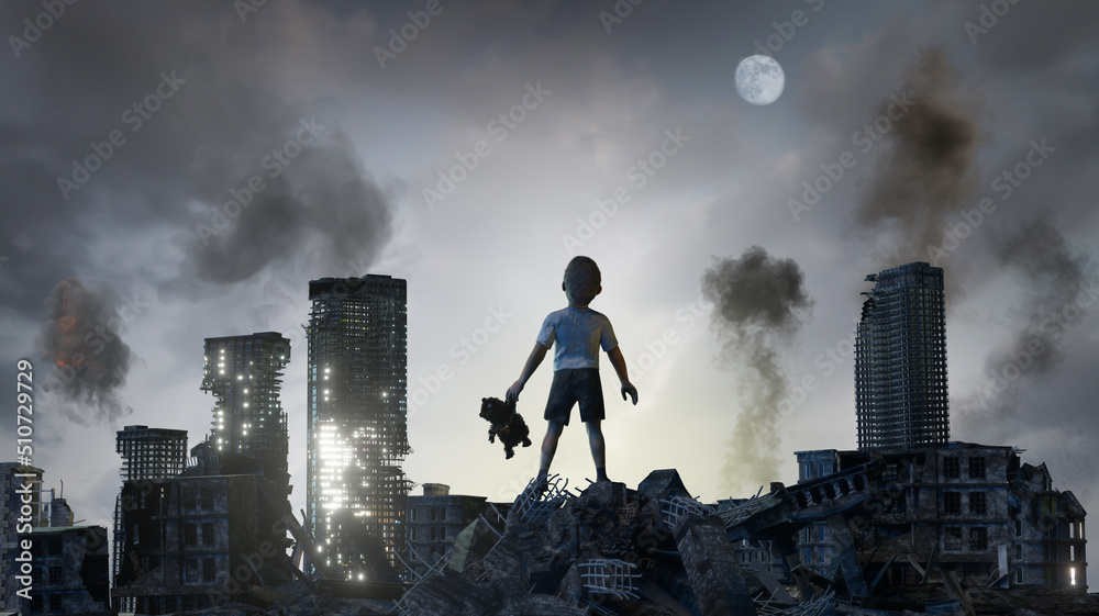 a boy child among the ruins of a city destroyed by war as a symbol of the victims of war 3d render a boy child among the ruins of a city destroyed by war as a symbol of the victims of war 3d render