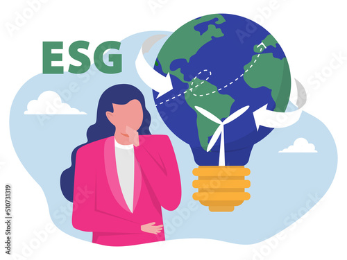 businesswoman thinking with lightbulb lamp  ecology problem ESG  renewable, green, safe and long term source concept vector illustration.