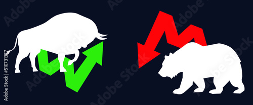 Bull or bullish run; Bear or bearish market trend in crypto currency or stocks. Trade exchange, green up or red down arrows graph. Stock market price chart. Global economy crash or boom. Vector