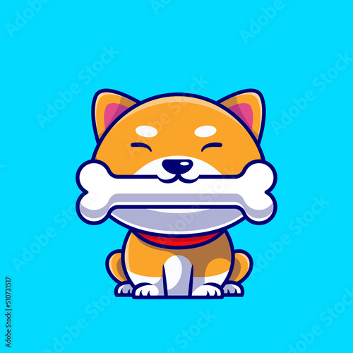Cute Shiba Inu Dog Eating Bone Cartoon Vector Icon Illustration. Animal Nature Icon Concept Isolated Premium Vector. Flat Cartoon Style