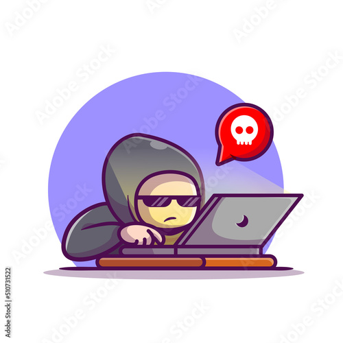 Hacker Operating Laptop Cartoon Vector Icon Illustration. People Technology Icon Concept Isolated Premium Vector. Flat Cartoon Style
