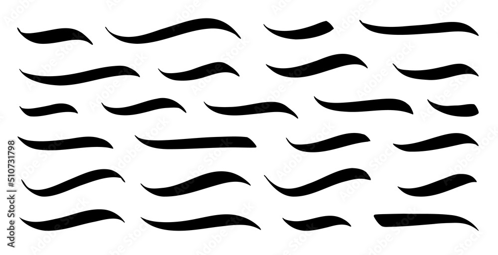 Swoosh, swash underline stroke set. Hand drawn swirl swoosh underline calligraphic element. Vector illustration. Swoosh, swash underline stroke set. Hand drawn swirl swoosh underline calligraphic element. Vector illustration.