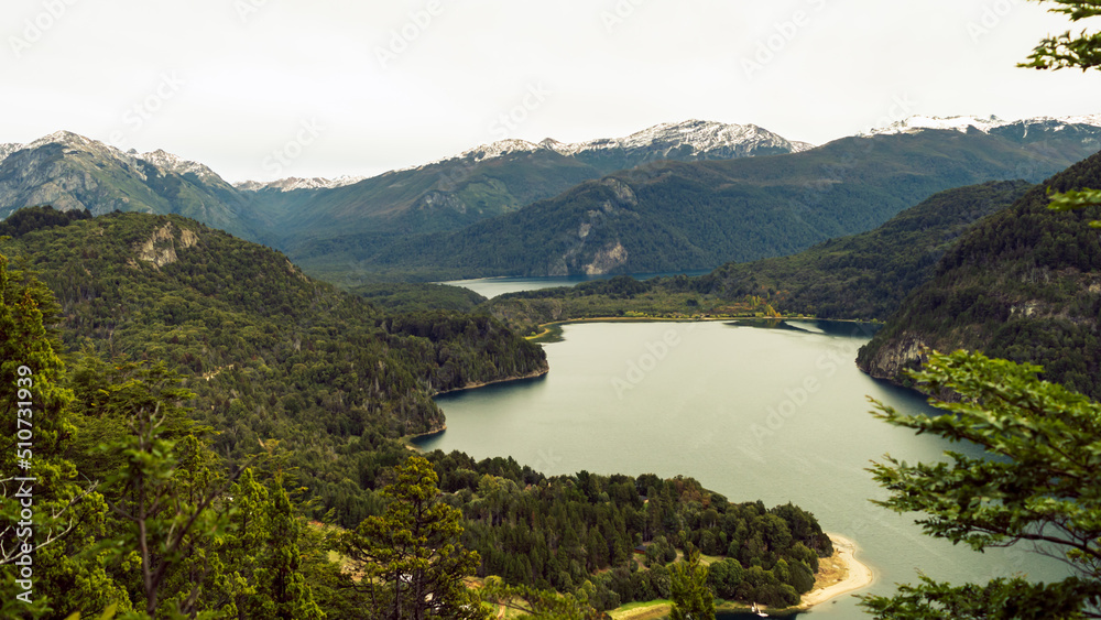 Beautiful view of two lakes of the Andes mountain range seen from the heights. Los Alerces National Park, Verde Lake and Mendendez Lake