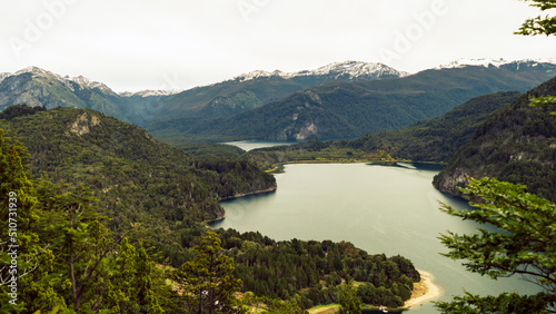 Obraz na płótnie Beautiful view of two lakes of the Andes mountain range seen from the heights. Los Alerces National Park, Verde Lake and Mendendez Lake w salonie