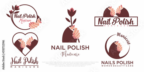 Nails polish or nails salon icon set logo design manicure nails polish and female finger logotype