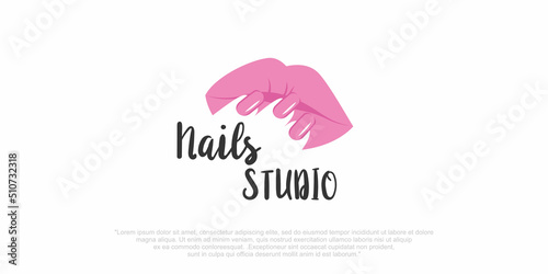 Nails art studio or nails polish with lips icon set logo design template