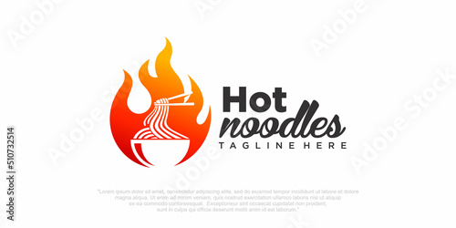 spicy ramen noodle icon set logo design illustration with bowl and hot fire.