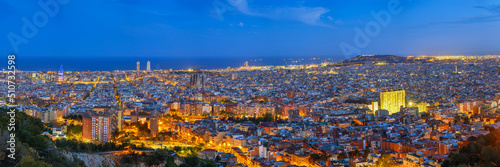 Barcelona Spain, high angle view night panorama city skyline view from Bunkers del Carmel