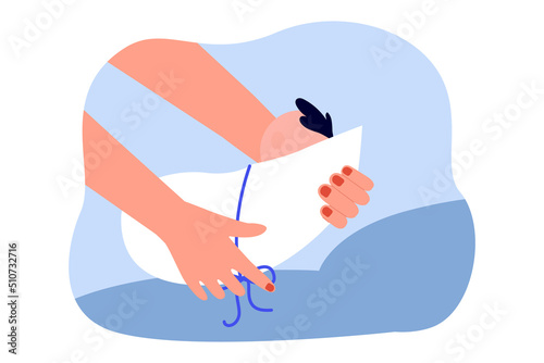 Newborn child in human hands flat vector illustration. Motherhood, childbirth, parenthood, maternity, childcare, assistance concept for banner, website design or landing web page