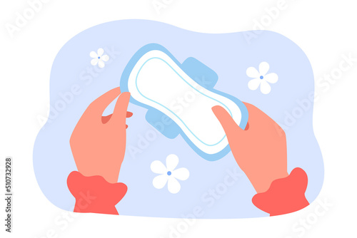 Clean sanitary pad in female hands flat vector illustration. Feminine menstrual pad. Hygiene, menstrual period, menstruation, protection concept for banner, website design or landing web page