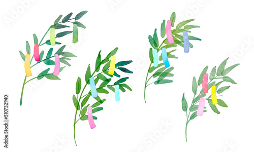 水彩画。水彩タッチの笹の葉イラスト。七夕の挿絵。笹の葉と短冊イラスト。Watercolor painting. Illustration of bamboo leaves with watercolor touch. Tanabata illustration. Illustration of bamboo leaves and strips of paper.
