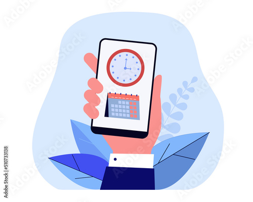 Calendar and clock on phone screen flat vector illustration. Person using mobile applications for time management. Schedule, appointment, agenda concept for banner, website design or landing web page