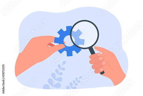 Man looking at gear wheel through magnifier. Person conducting research flat vector illustration. Business analysis, study, mechanism concept for banner, website design or landing web page