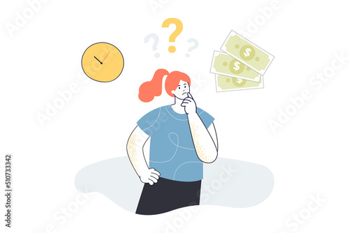 Difficult choice of girl between time and money. Woman thinking about question, contemplating problem flat vector illustration. Cost, payment concept for banner, website design or landing web page