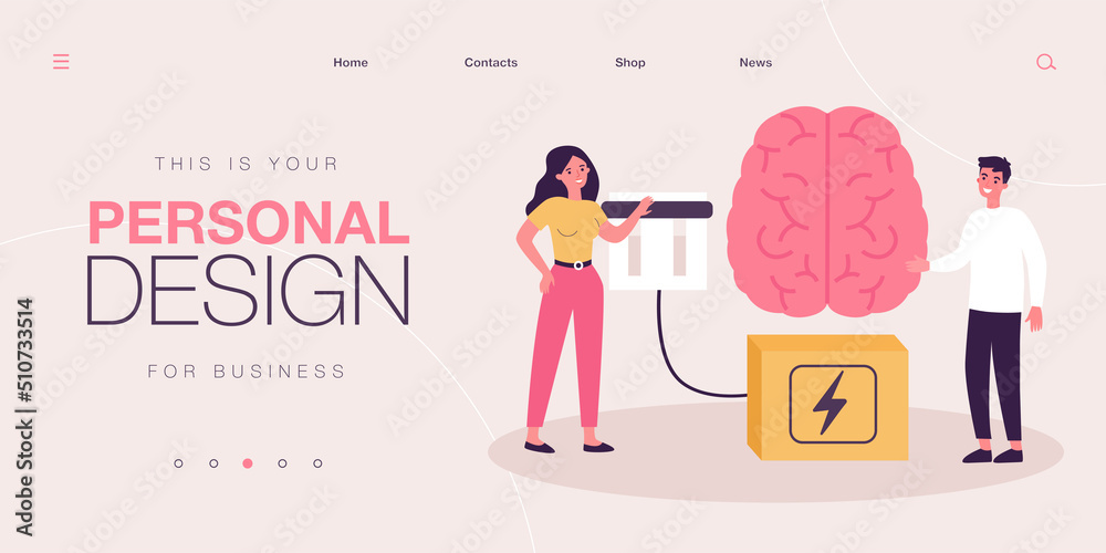 Tiny people pushing brain power switch with hand. Bright shine of brain full of genius ideas flat vector illustration. Innovation, motivation concept for banner, website design or landing web page