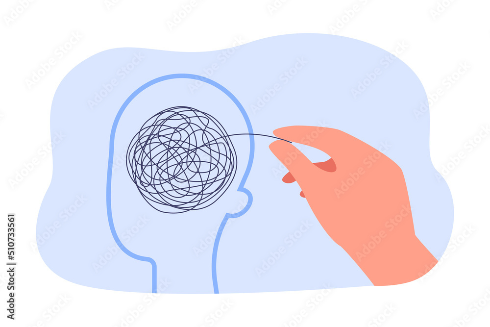 Hand untangling ball of thread in human brain. Man having psychological ...