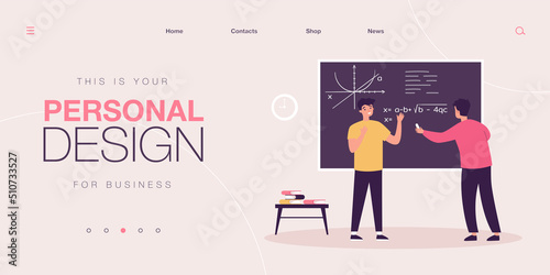 Students writing complex equations on school board. Boys on lesson in classroom flat vector illustration. Science, mathematics, knowledge concept for banner, website design or landing web page