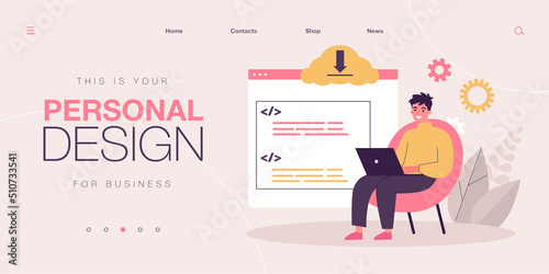 Programmer or developer with laptop creating app or website. System update, coding or programming flat vector illustration. Technology, software development concept for banner or landing web page