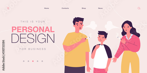 Worried son standing between smoking mother and father. Parents with unhealthy habit holding cigarettes flat vector illustration. Family, health, addiction concept for banner or landing web page