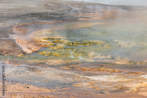 foggy landscape at hot springs in Yellowstone national Park
