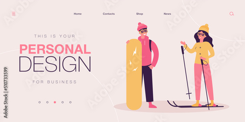 Winter vacation of happy skiers at ski resort. People in goggles standing with snowboard and ski equipment flat vector illustration. Fun holiday concept for banner, website design or landing web page