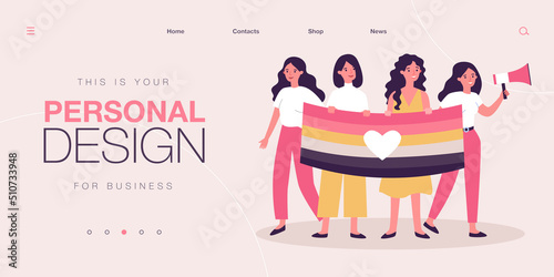 Women holding rainbow flag with heart in hands on parade. Celebration of pride month by young people flat vector illustration. Love, LGBTQ concept for banner, website design or landing web page