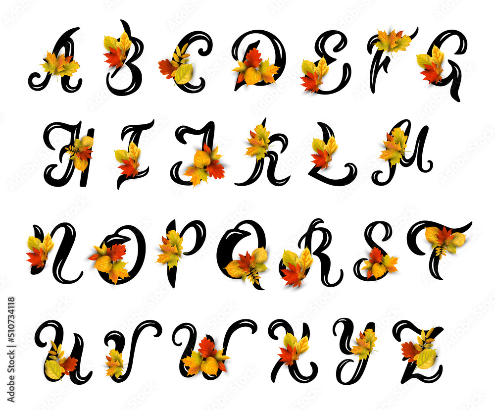 Hand drawn capital letters with autumn leaves. Latin alphabet letters.Vector illustration isolated on white background.