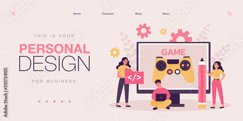 Tiny developers coding online video games. Process of writing code for software by persons flat vector illustration. Development, gamification concept for banner, website design or landing web page