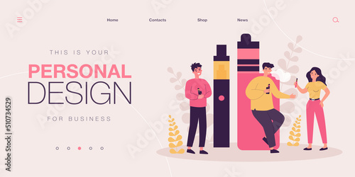 Tiny hipsters smoking alternative electronic cigarettes. Persons holding vaporizers and vaping flat vector illustration. Vape shop, lifestyle concept for banner, website design or landing web page