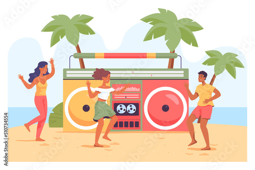 Young people dancing in front of giant tape recorder on beach. Cartoon characters listening to reggae music flat vector illustration. Jamaica, party, summer, music concept for banner or landing page