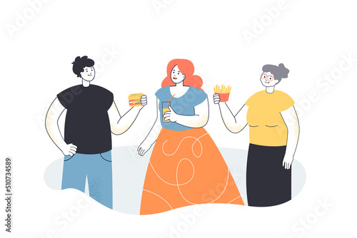 People offering fast food to girl with glass of fresh juice. Man and woman holding french fries and burger flat vector illustration. Healthy diet concept for banner, website design or landing web page