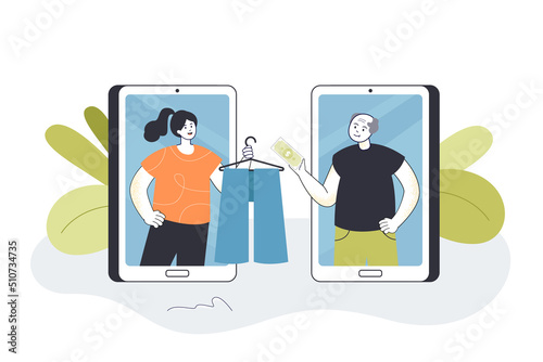 Elderly man giving money in exchange for clothes. Woman on screen of mobile phone holding hanger with trousers flat vector illustration. Shop app concept for banner, website design or landing web page