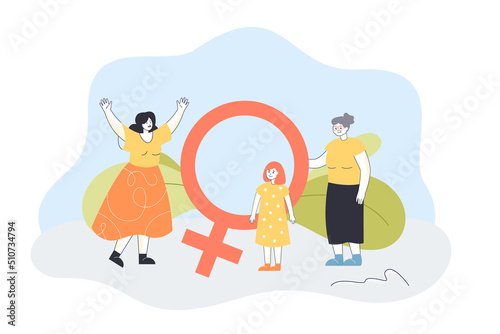 Girl, young and old women holding feminine symbol. Generation of female characters standing together flat vector illustration. Femininity concept for banner, website design or landing web page