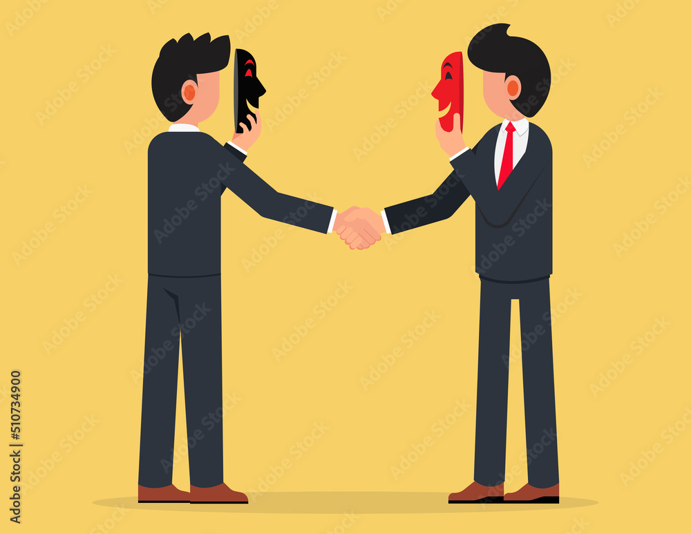Liar or suspicion fraud, betrayal or disguise deal. businessmen handshake both holding mask to hide real thought, fake agreement