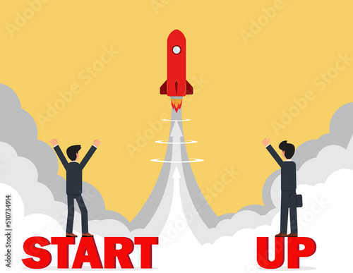 Startup rocket concept, Business startup work moments. Two businessmen stand on the word startup.