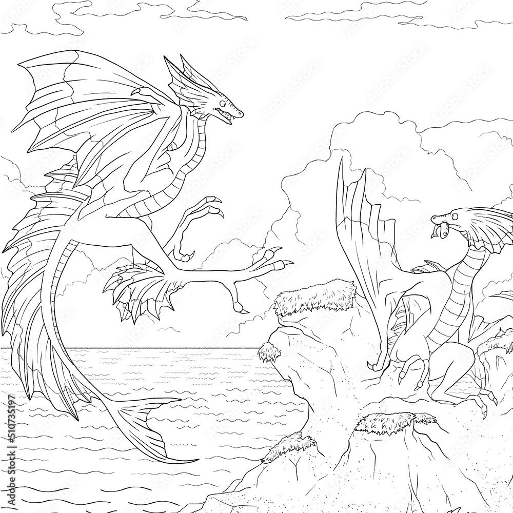 Black and white coloring page ink illustration of a dragon.