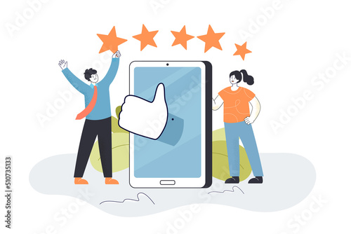 Positive feedback from tiny happy customers. Man and woman standing near thumbs up gesture on phone screen flat vector illustration. Review concept for banner, website design or landing web page