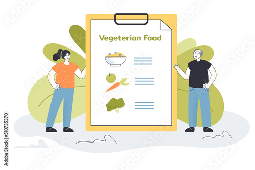 Tiny people standing near vegetarian food list. Healthy ration with vegetables of man and woman flat vector illustration. Diet, nutrition, concept for banner, website design or landing web page