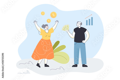 Happy grandma and grandpa celebrating income growth. Old rich man holding cash money flat vector illustration. Pension, retirement, savings concept for banner, website design or landing web page