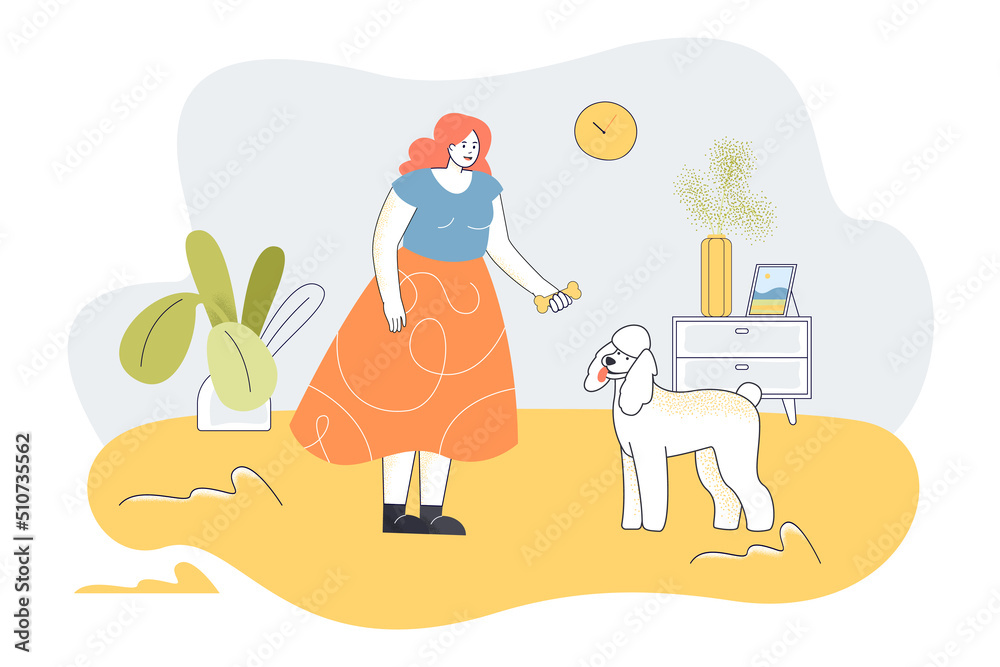 Fototapeta premium Female pet owner giving bone to poodle with tongue hanging out. Woman holding snack for cute dog flat vector illustration. Puppy food, love concept for banner, website design or landing web page