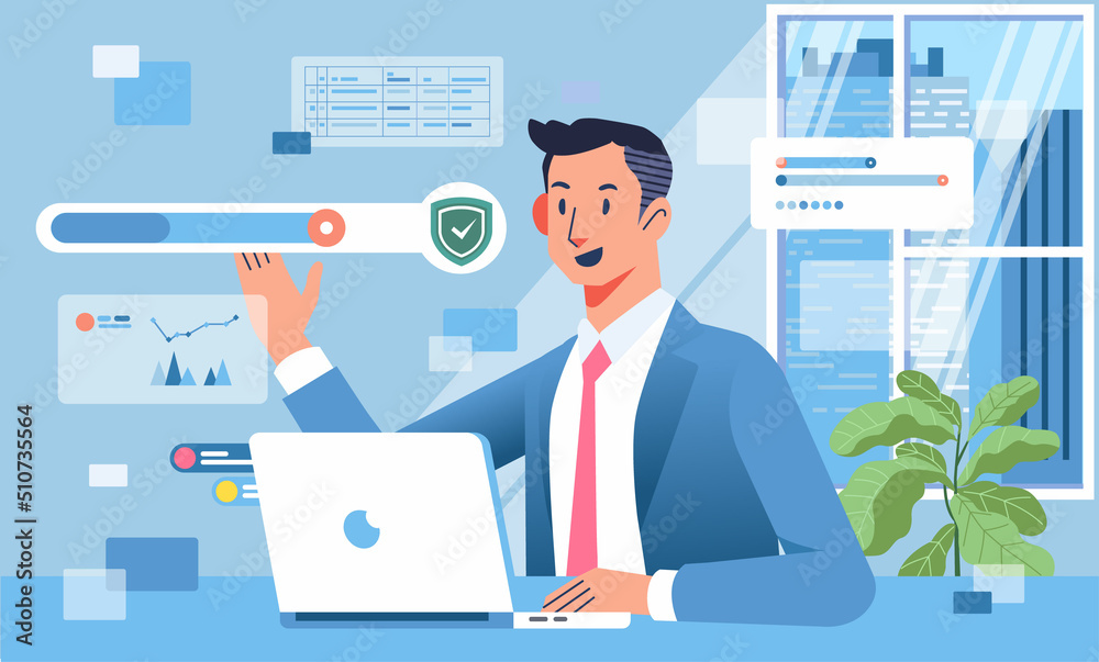 Businessman with laptop in office setting business and security strategy with floating graphic and chart screen Businessman with laptop in office setting business and security strategy with floating graphic and chart screen
