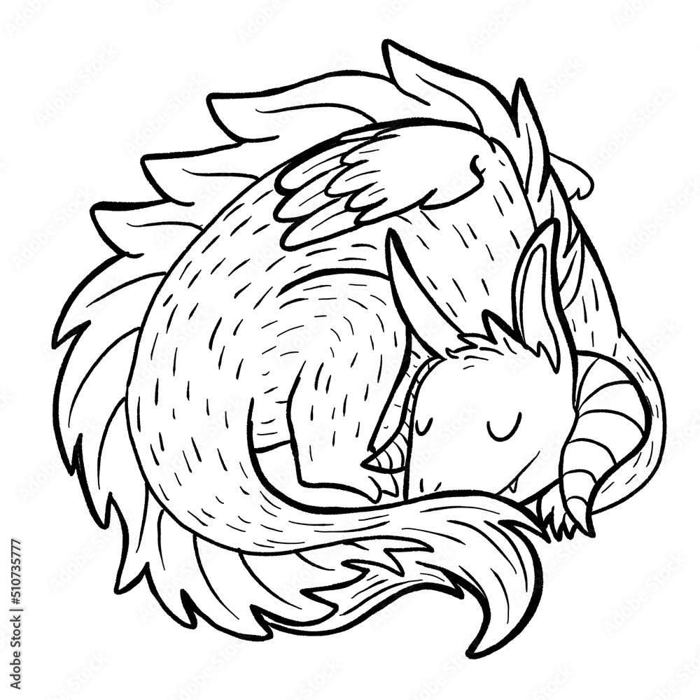 Obraz premium Black and white coloring page ink illustration of a dragon.