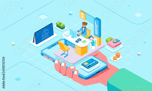 Isometric online account banking service concept, financial management hand holding smartphone with a customer service working